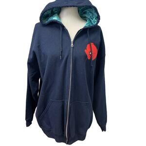 Hand Printed Upcycled Navy XL Red Poppy Flower Full Zip Hoodie Sweatshirt Jacket
